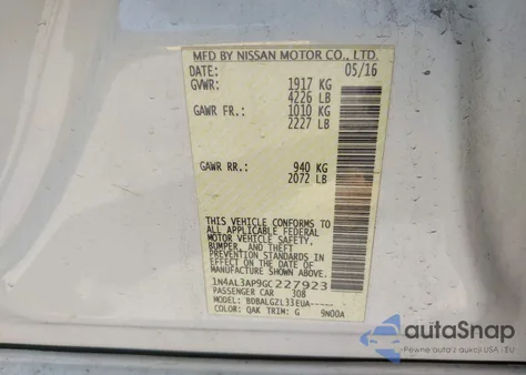 2016 Nissan Altima 2.5/2.5 S/2.5 Sl/2.5 Sr/2.5 Sv z USA, uszkodzony, nr VIN 1N4AL3AP9GC227923